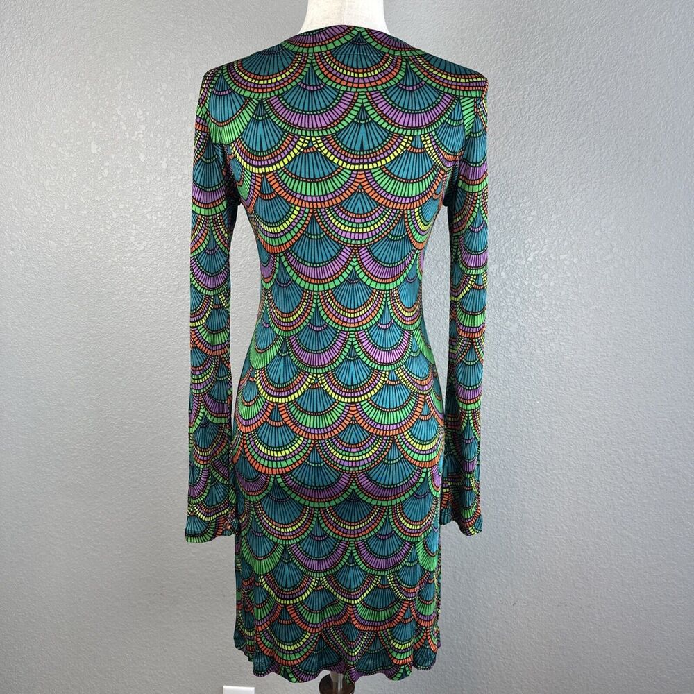 Custo Barcelona Long Sleeve Mini Dress Size 1 S Colorful Geometric Jersey V-Neck - Picture 4 of 6